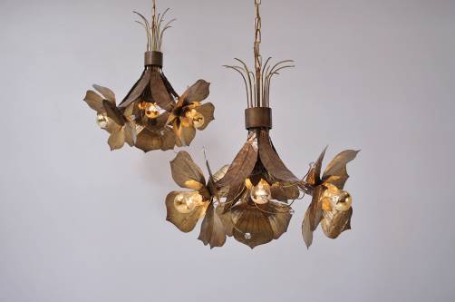 Willy Daro lights, pair Lotus flowers pendants, bronze & Lucite, 1960`s ca, Belgian